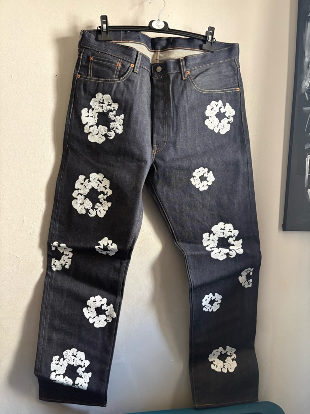Denim Tears Levi’s Men's Dark Blue Straight Jeans with White Floral Prints